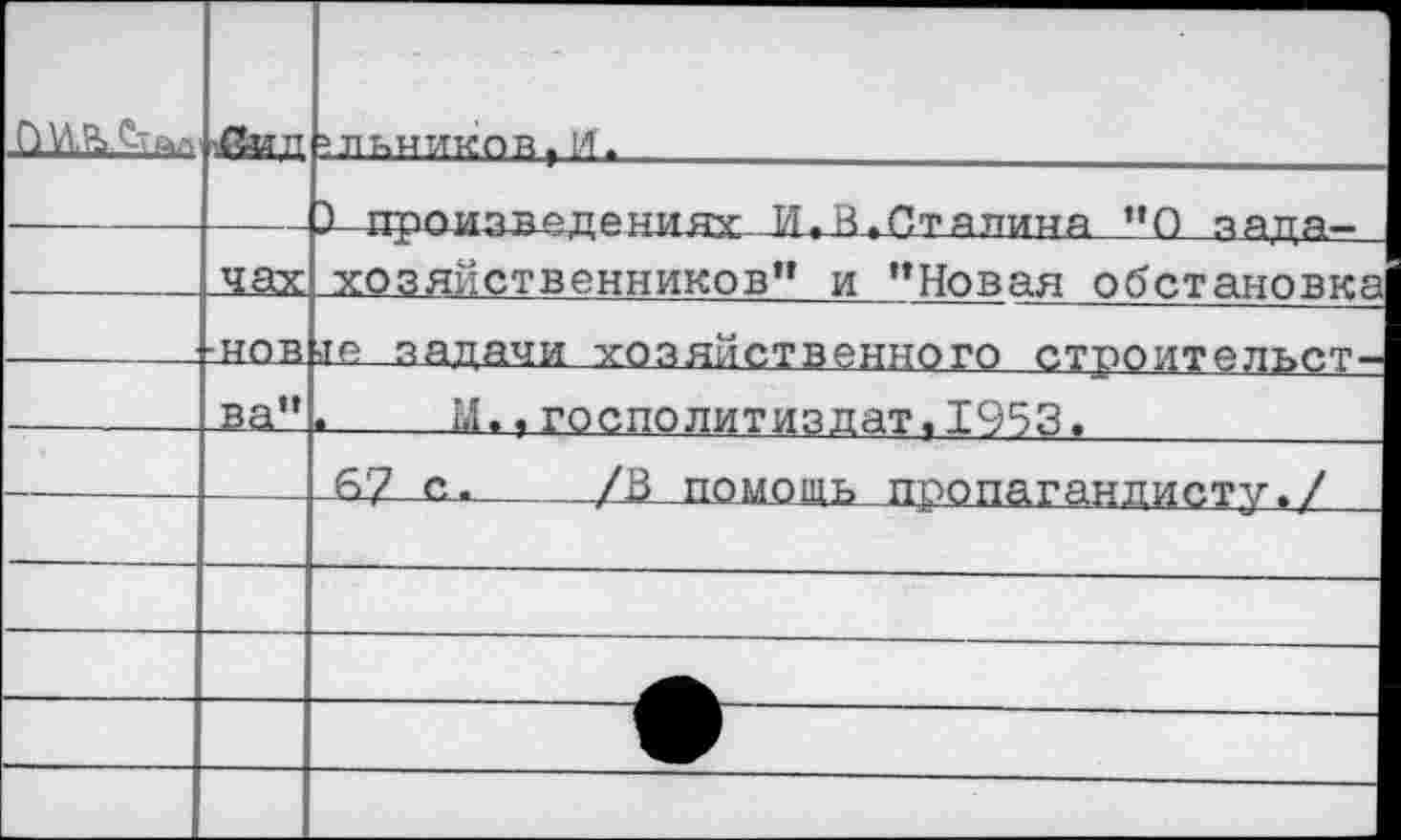 ﻿0 Лтал	»Дин	1 ?л»ников, 14\
	чах	X-про извед е ниях- Ки1.Ст длина _"0_зада-хозяйственников” и ’’Новая обстановка
	-.нов	ле задачи хозяйственного строительст-
	ла!’	.	М..госполитиздат.1953.
		67-с.	/В помощь пропагандисту./
		
		
		
		
		